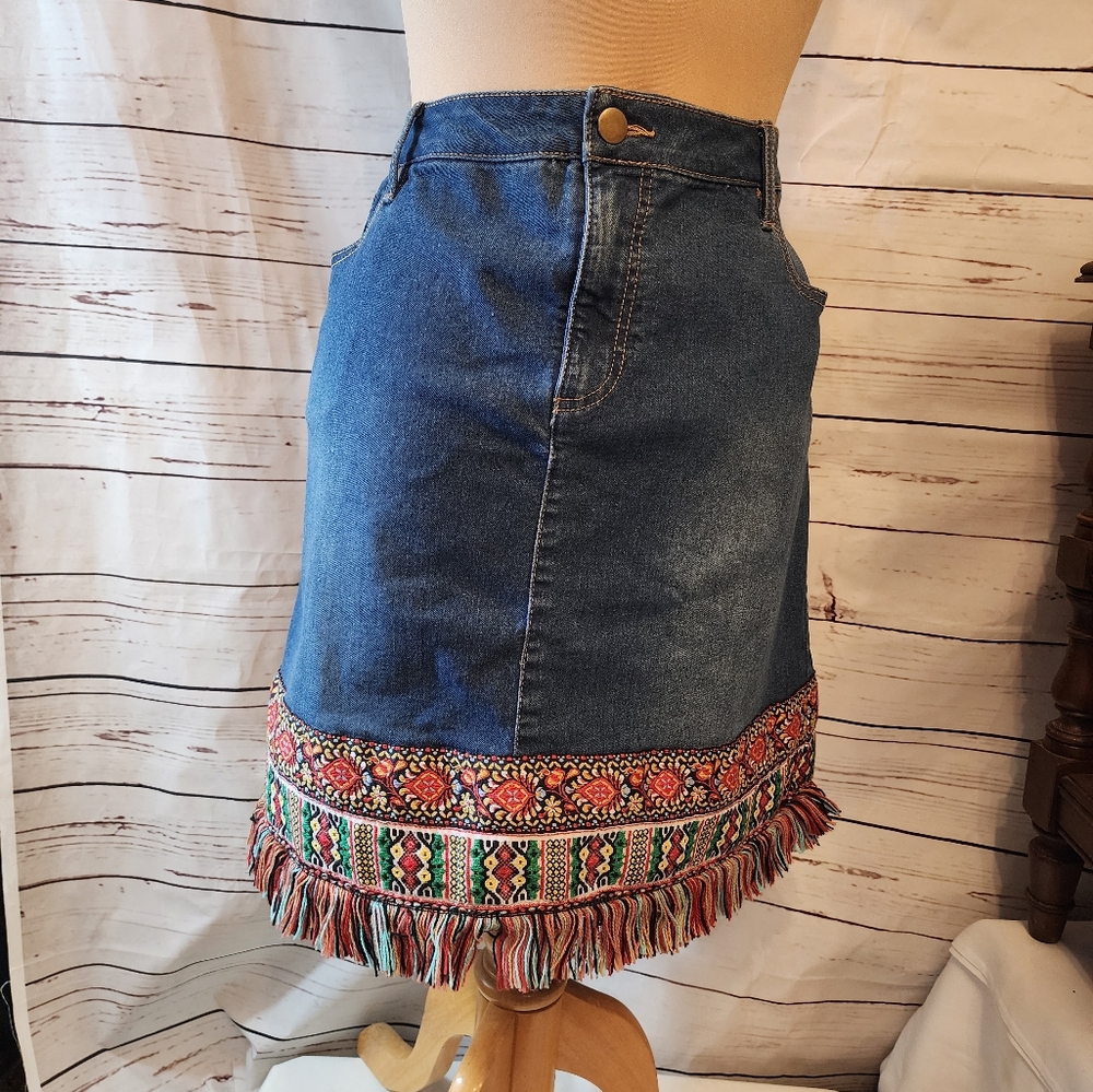 Western Navajo Jean Denim Skirt Embroidered Fringe